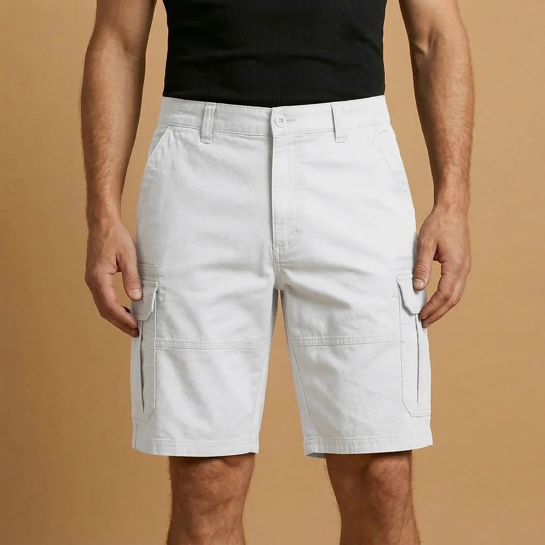 White Men's Cargo Shorts with Pockets — Fletcher Cotton Canvas Multi-Pocket - Front
