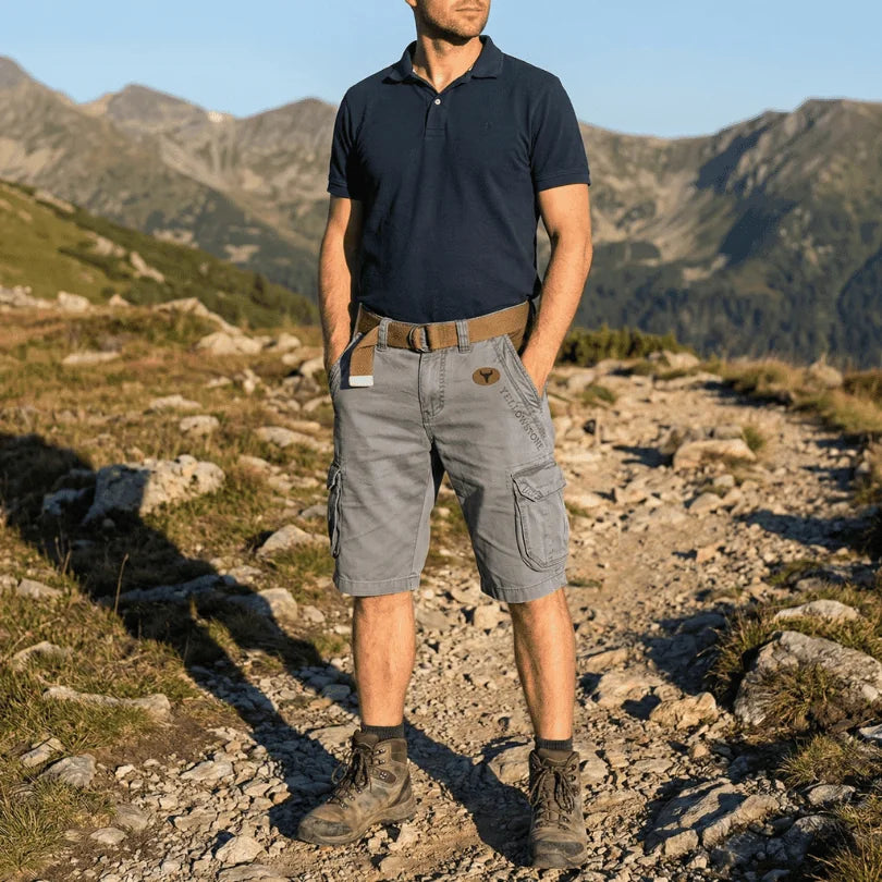 Grey Men's Cargo Shorts with Pockets — Atticus Utility Belt Comfort - Worn Lifestyle
