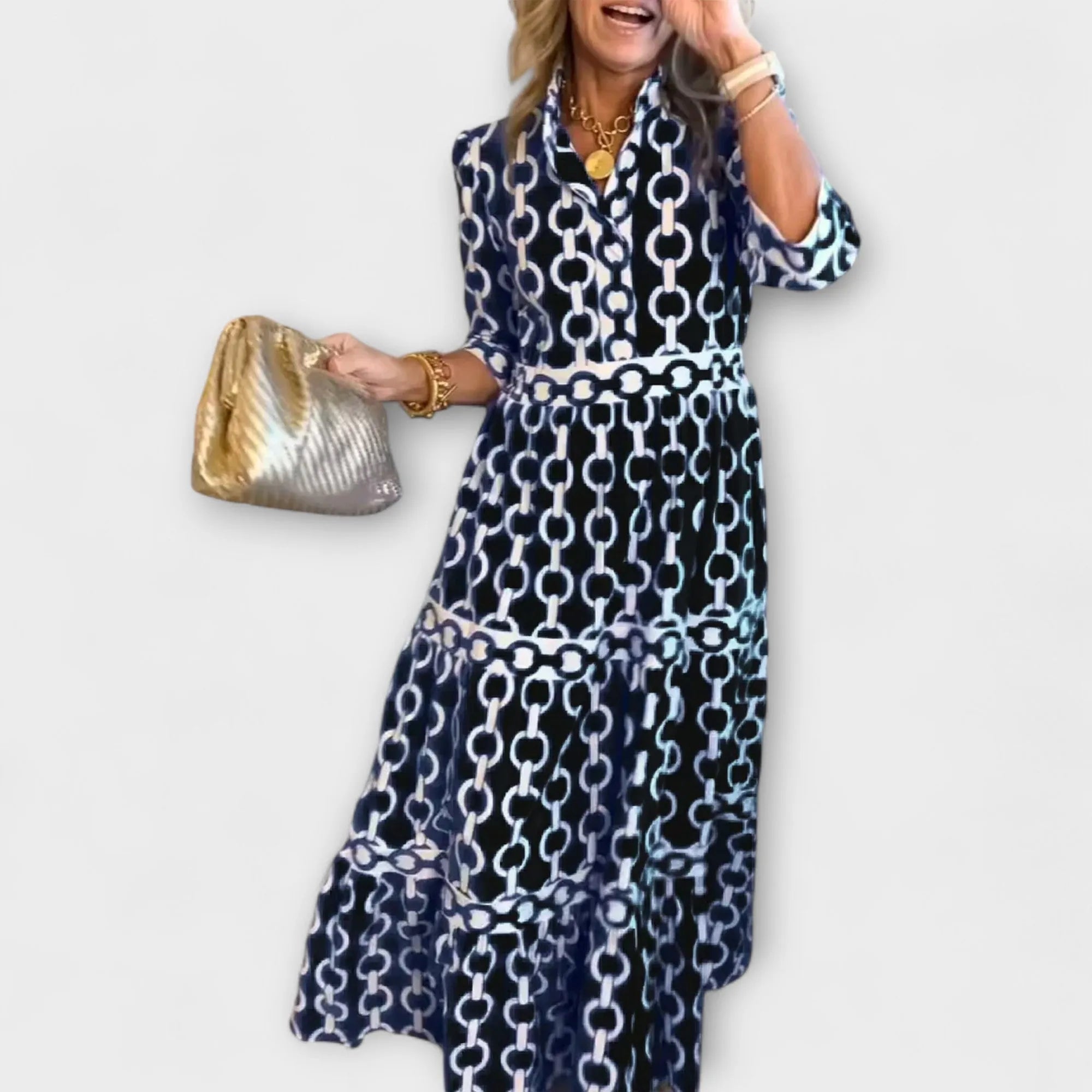 Black Women's Chain Print Maxi Dress — Trixie Button-Front Tiered Bohemian - Front Styled