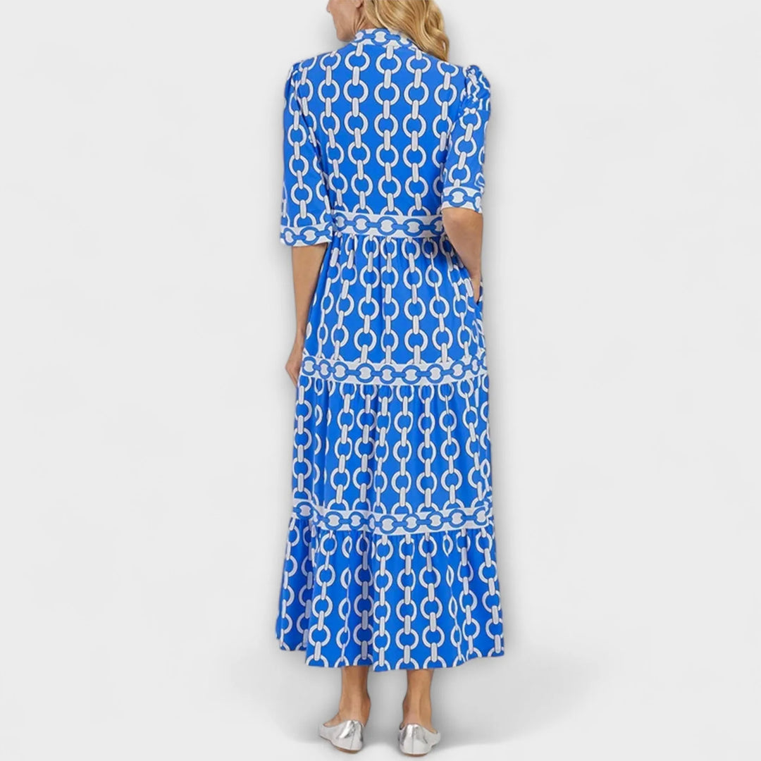 Blue Women's Chain Print Maxi Dress — Trixie Button-Front Tiered Bohemian - Back Full