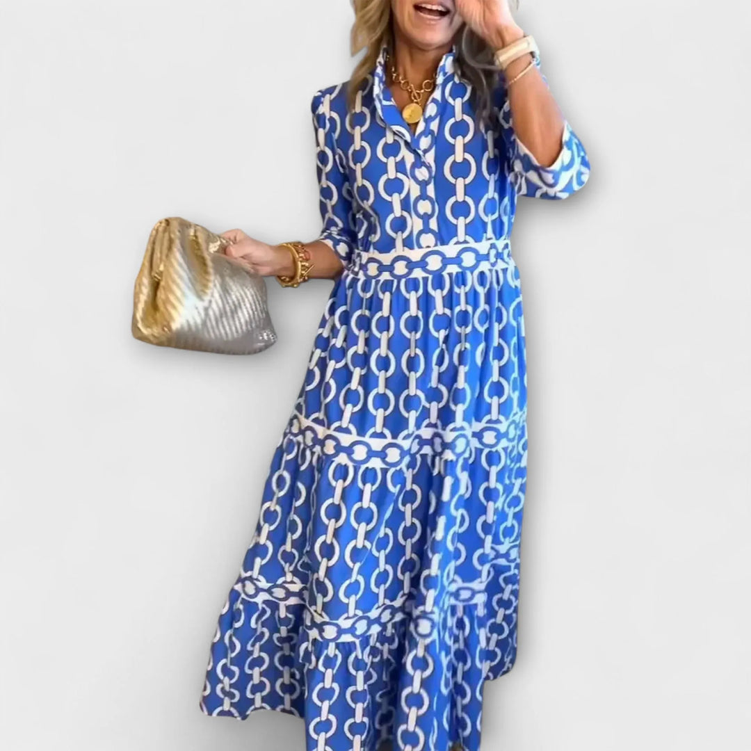 Blue Women's Chain Print Maxi Dress — Trixie Button-Front Tiered Bohemian - Front Full