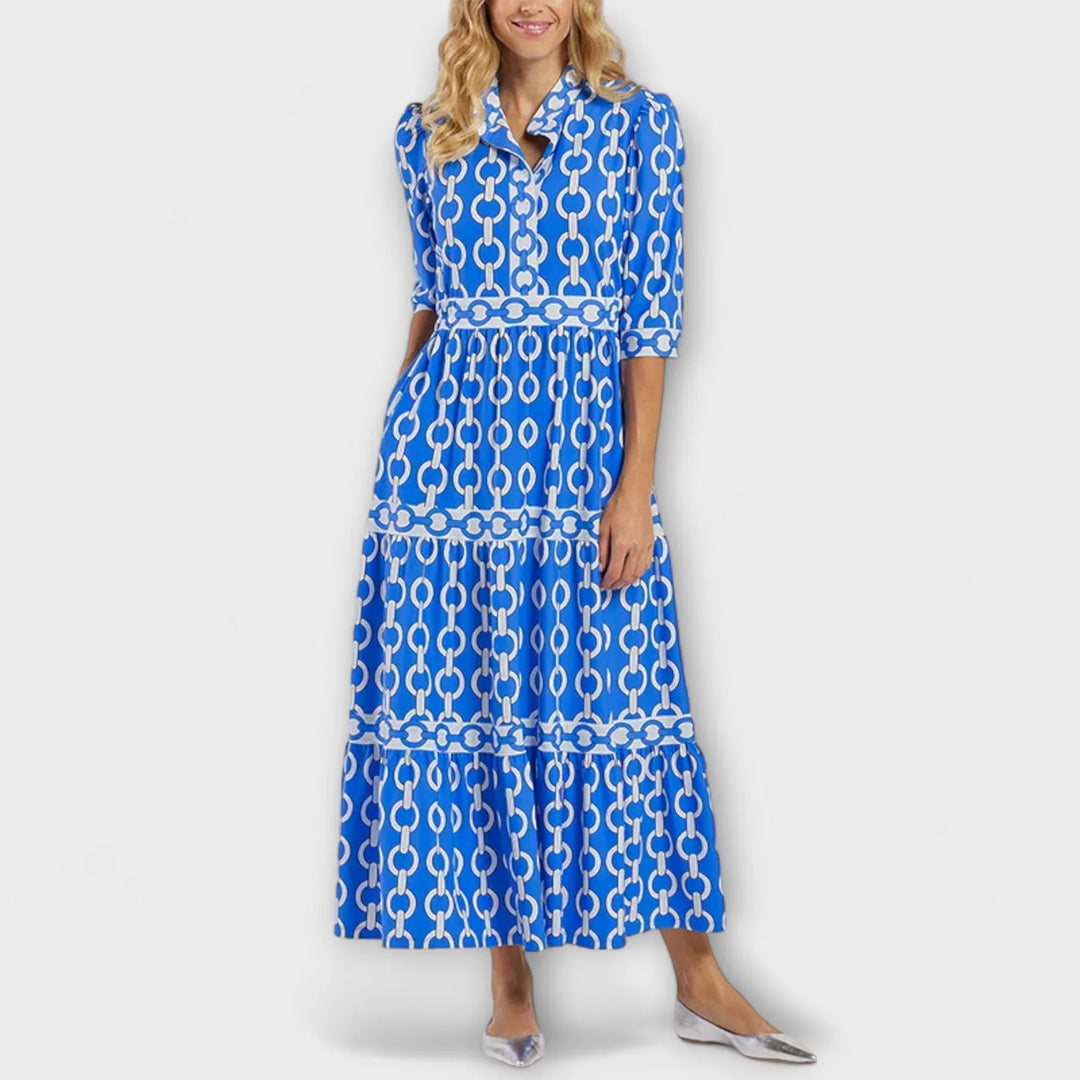 Blue Women's Chain Print Maxi Dress — Trixie Button-Front Tiered Bohemian - Front Pose
