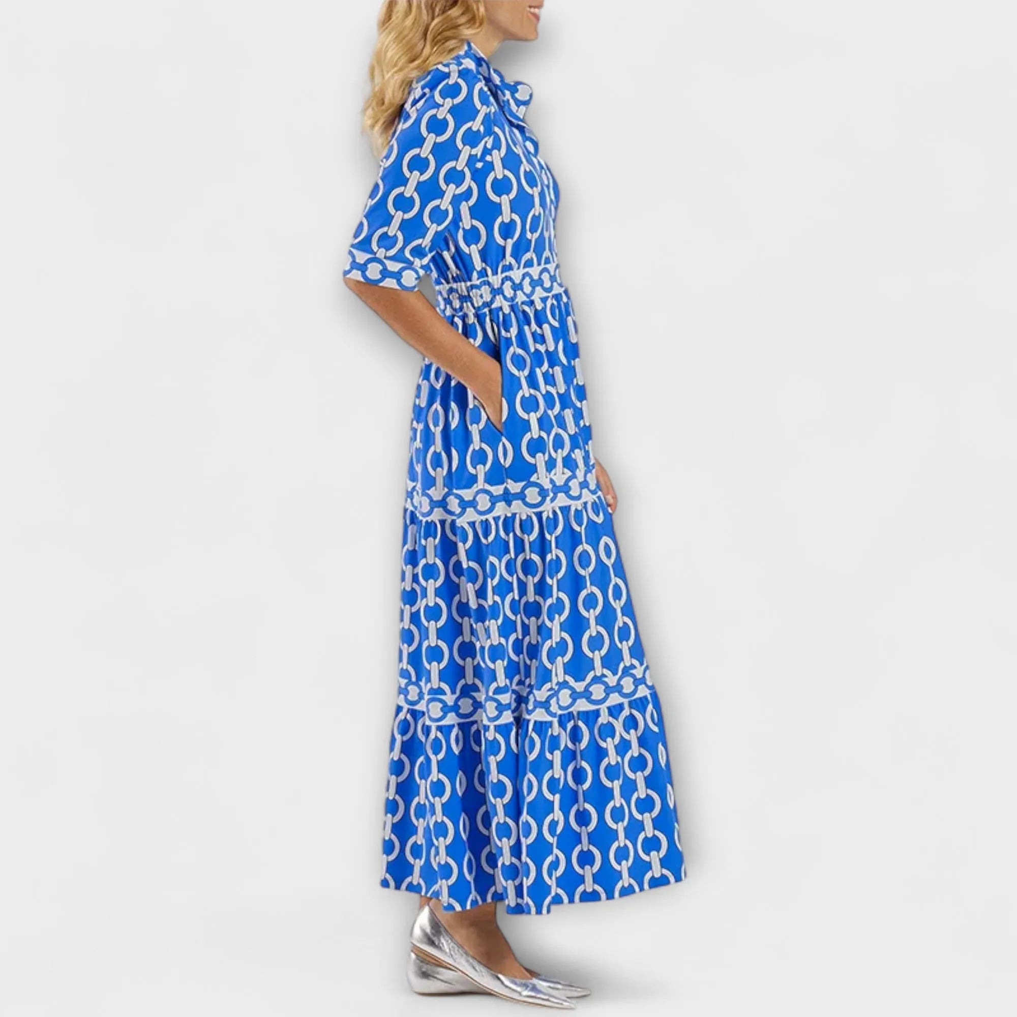 Blue Women's Chain Print Maxi Dress — Trixie Button-Front Tiered Bohemian - Side Profile