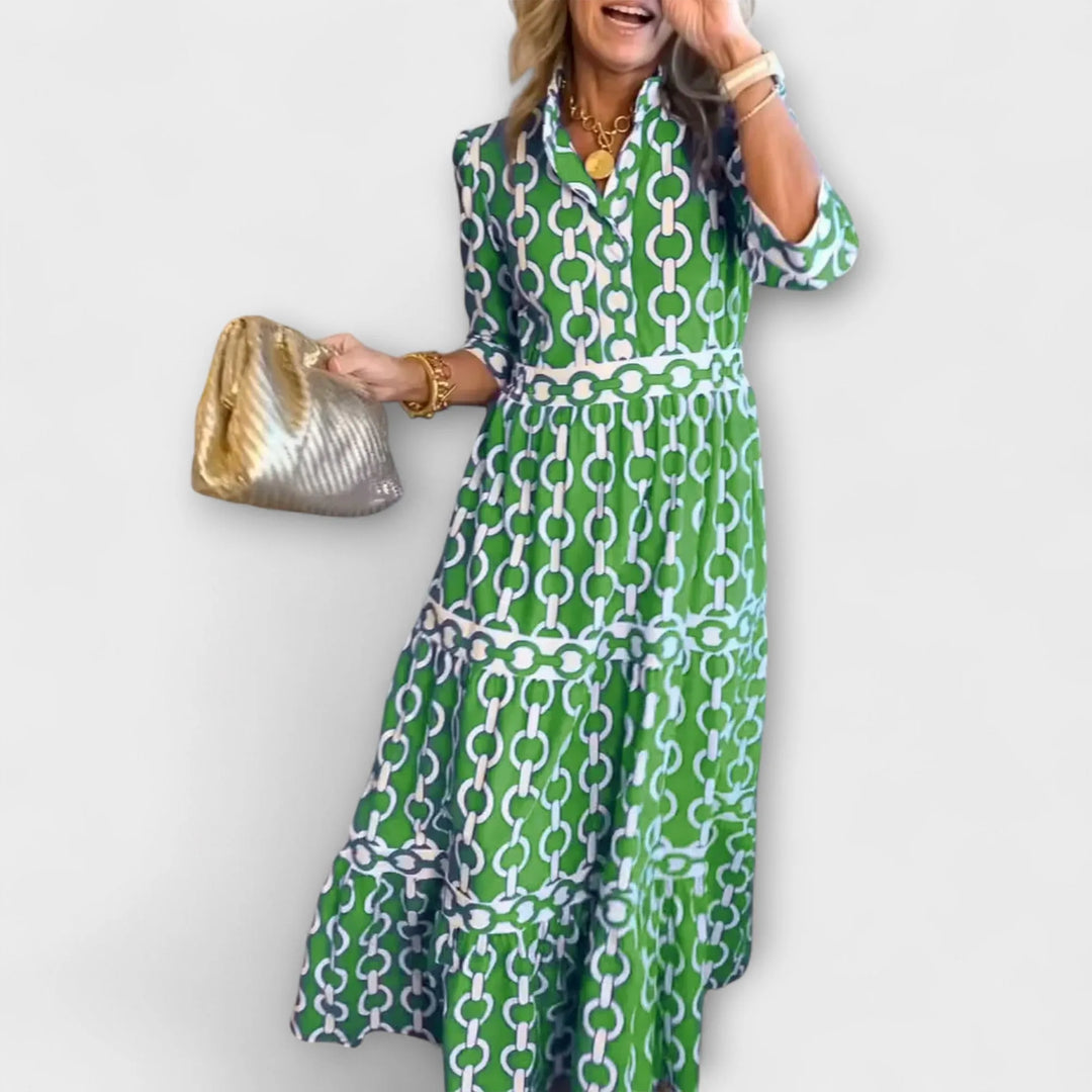 Green Women's Chain Print Maxi Dress — Trixie Button-Front Tiered Bohemian - Front Casual
