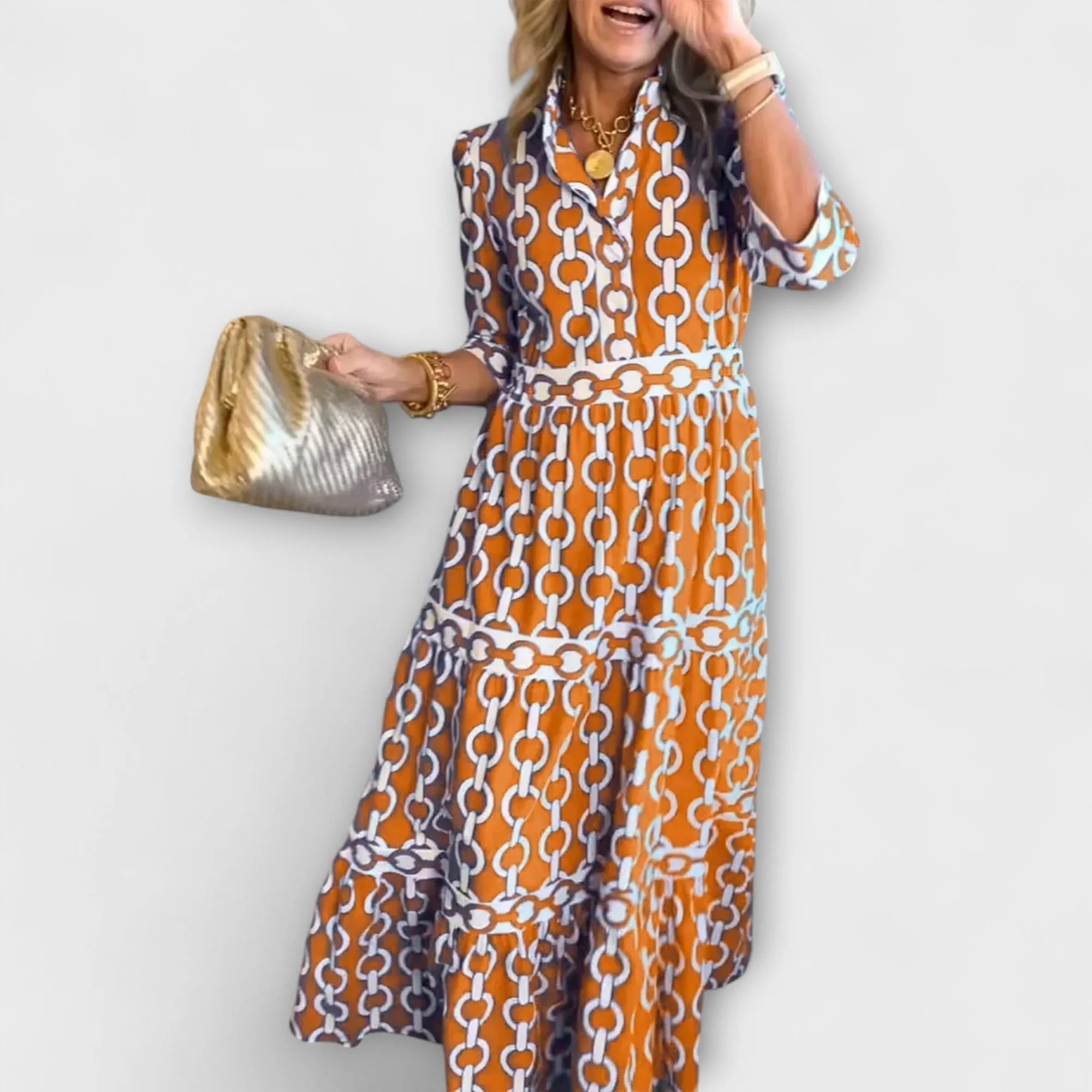 Orange Women's Chain Print Maxi Dress — Trixie Button-Front Tiered Bohemian - Front Lifestyle