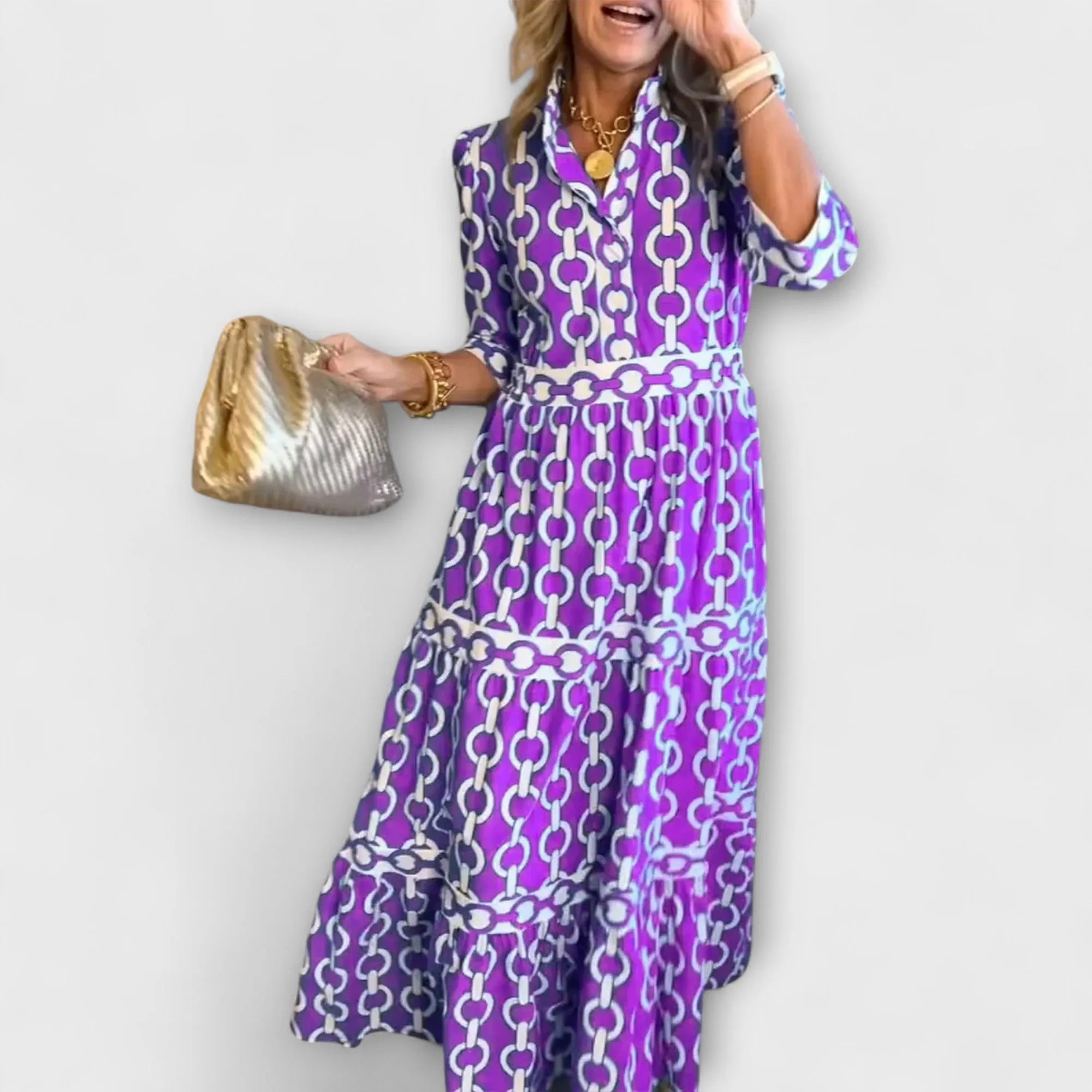 Purple Women's Chain Print Maxi Dress — Trixie Button-Front Tiered Bohemian - Front Detail