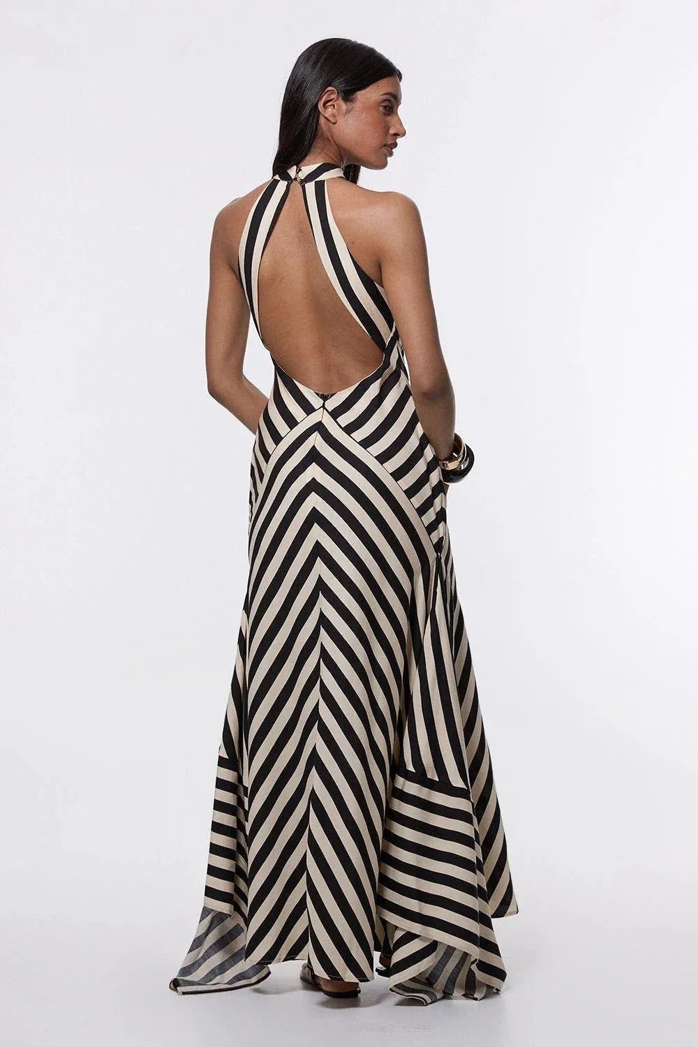 Celeste | Elegant Chevron Stripe Halter Maxi Dress Backless - Striped - 3
