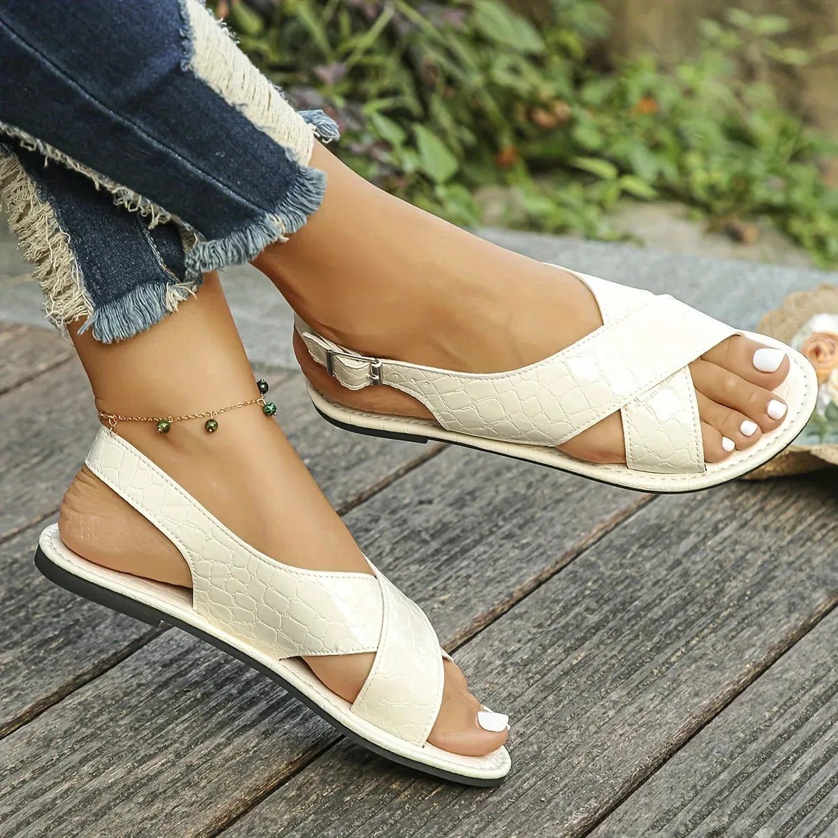 Nadia | Chic Cross - Strap Textured Gold Sandals - White - 6