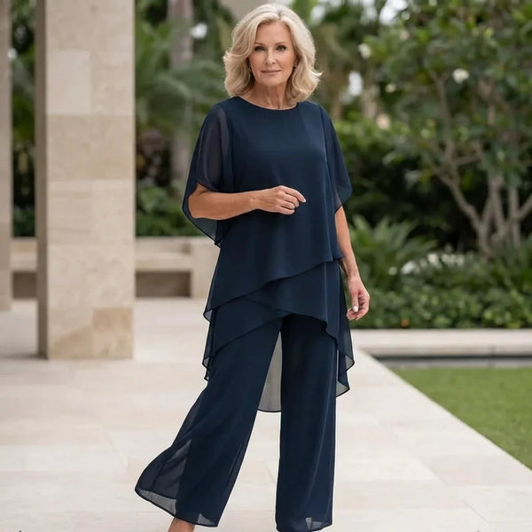 Blue Women's Chiffon Palazzo Pants Set — Blythe Tiered Wide-Leg Elegant - Front Full