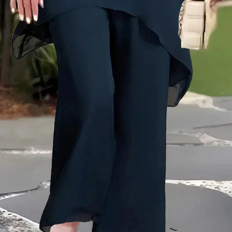 Blue Women's Chiffon Palazzo Pants Set — Blythe Tiered Wide-Leg Elegant - Hem Detail