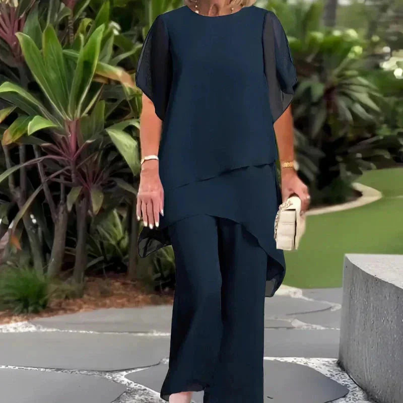 Blue Women's Chiffon Palazzo Pants Set — Blythe Tiered Wide-Leg Elegant - Outdoor Pose
