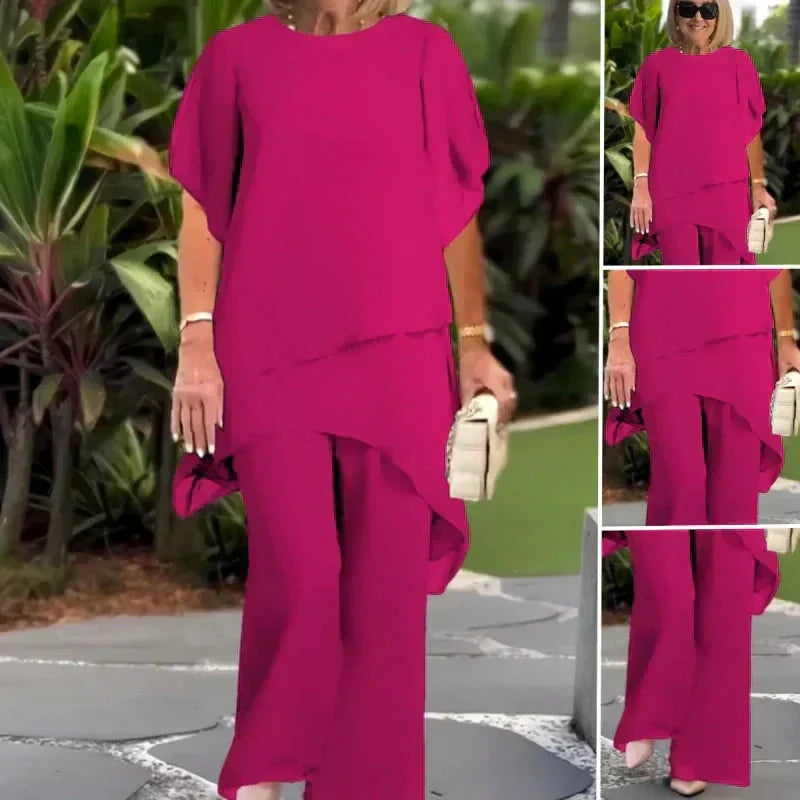 Pink Women's Chiffon Palazzo Pants Set — Blythe Tiered Wide-Leg Elegant - Collage View