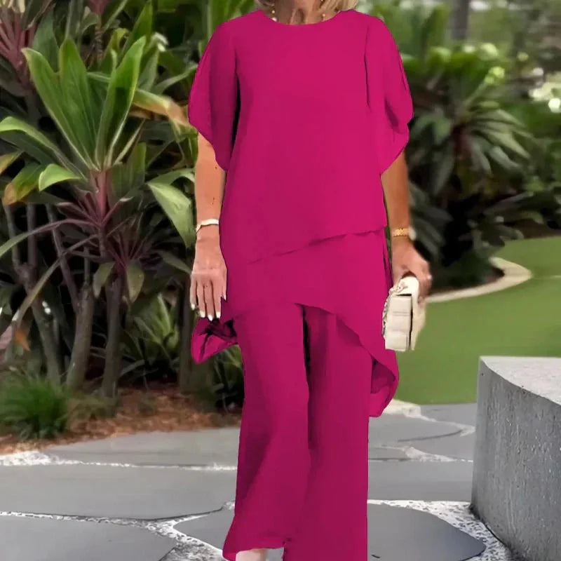 Pink Women's Chiffon Palazzo Pants Set — Blythe Tiered Wide-Leg Elegant - Side Pose
