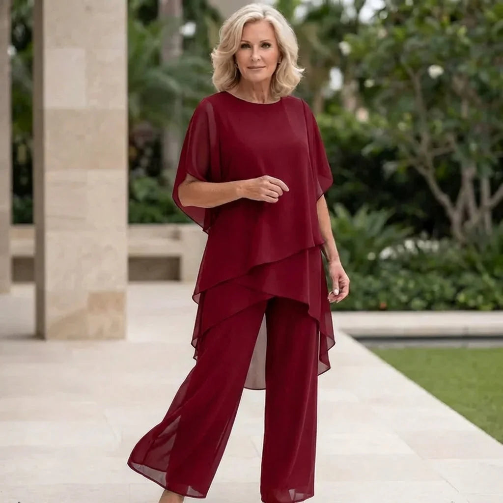 Red Women's Chiffon Palazzo Pants Set — Blythe Tiered Wide-Leg Elegant - Front Lifestyle