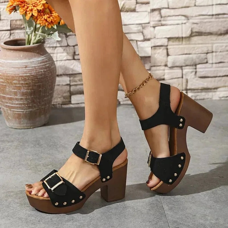 Black Women's Platform Sandals — Cami Double Buckle Chunky Heel - Worn Lifestyle