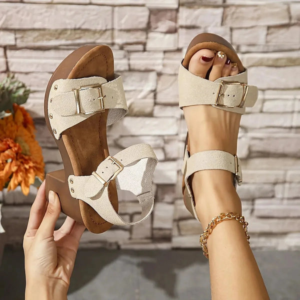 Cream Women's Platform Sandals — Cami Double Buckle Chunky Heel - Hand Held Display