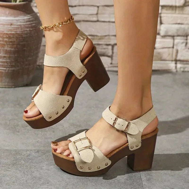 Cream Women's Platform Sandals — Cami Double Buckle Chunky Heel - Side Angle Worn