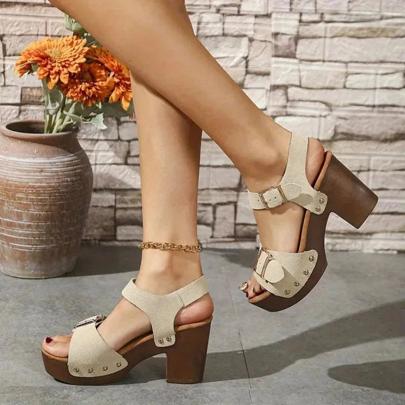 Cream Women's Platform Sandals — Cami Double Buckle Chunky Heel - Worn Lifestyle