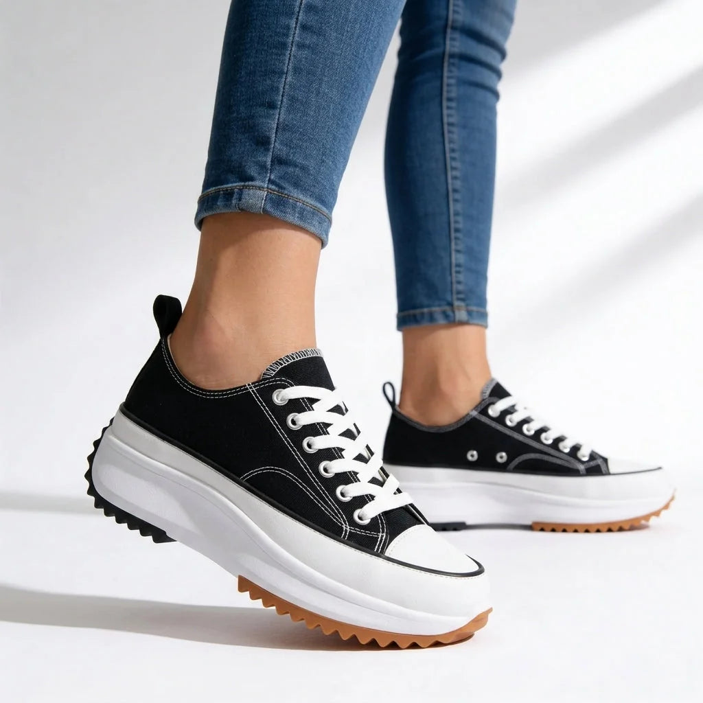 Black Women's Chunky Platform Sneakers — Violet Lace-Up Low-Top Casual - Front Lifestyle