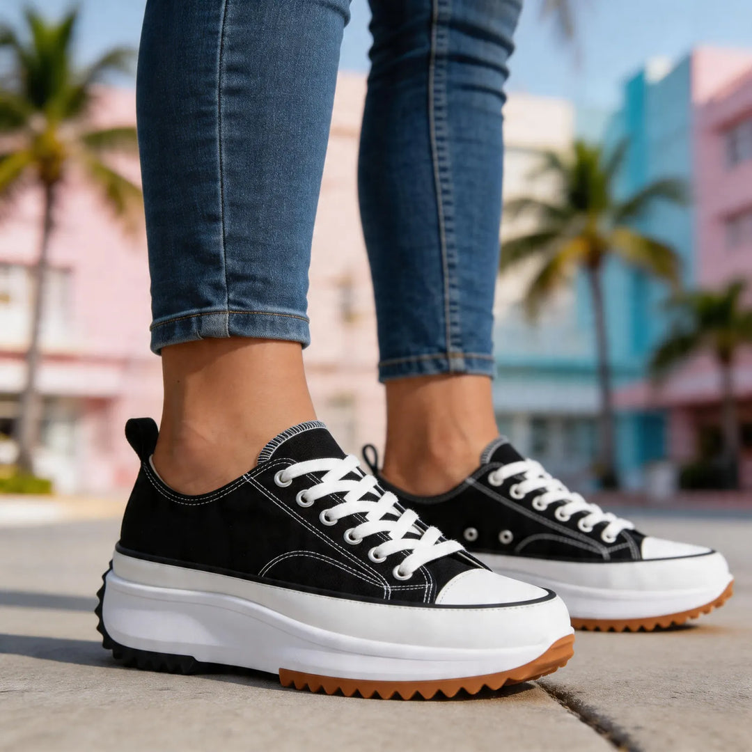 Black Women's Chunky Platform Sneakers — Violet Lace-Up Low-Top Casual - Sidewalk Pose
