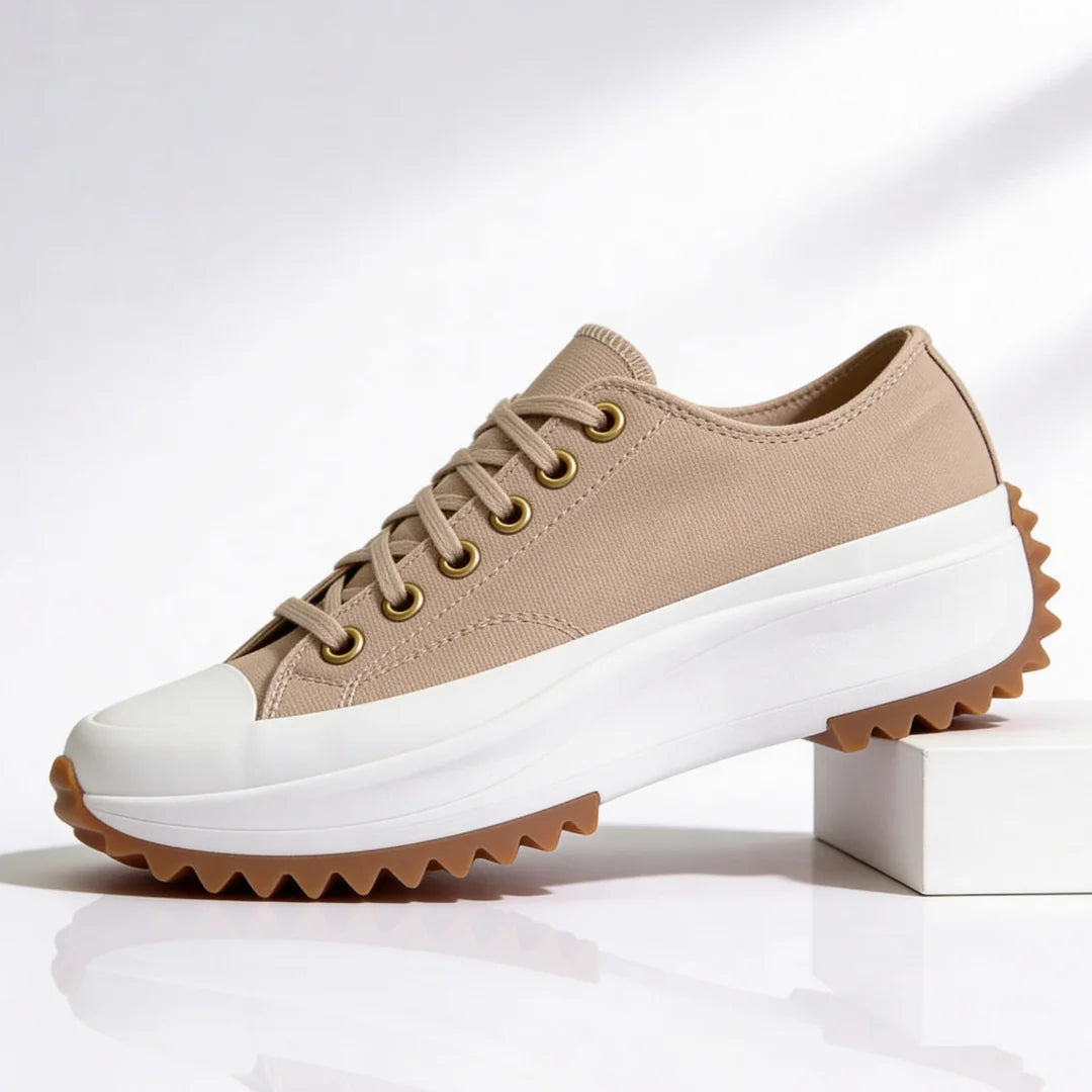 Tan Women's Chunky Platform Sneakers — Violet Lace-Up Low-Top Casual - Studio Side Profile