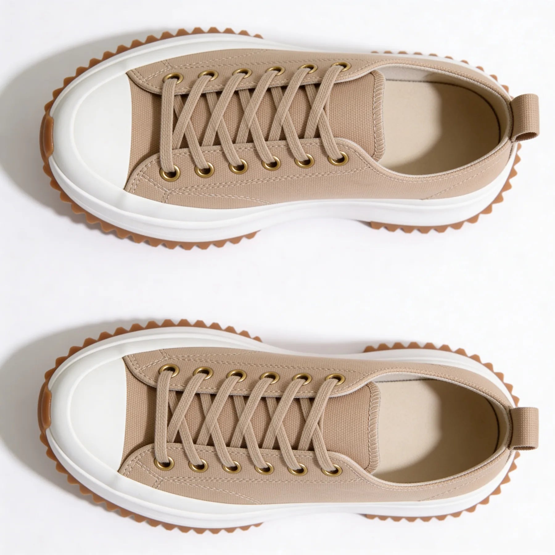 Tan Women's Chunky Platform Sneakers — Violet Lace-Up Low-Top Casual - Top Down Flat Lay