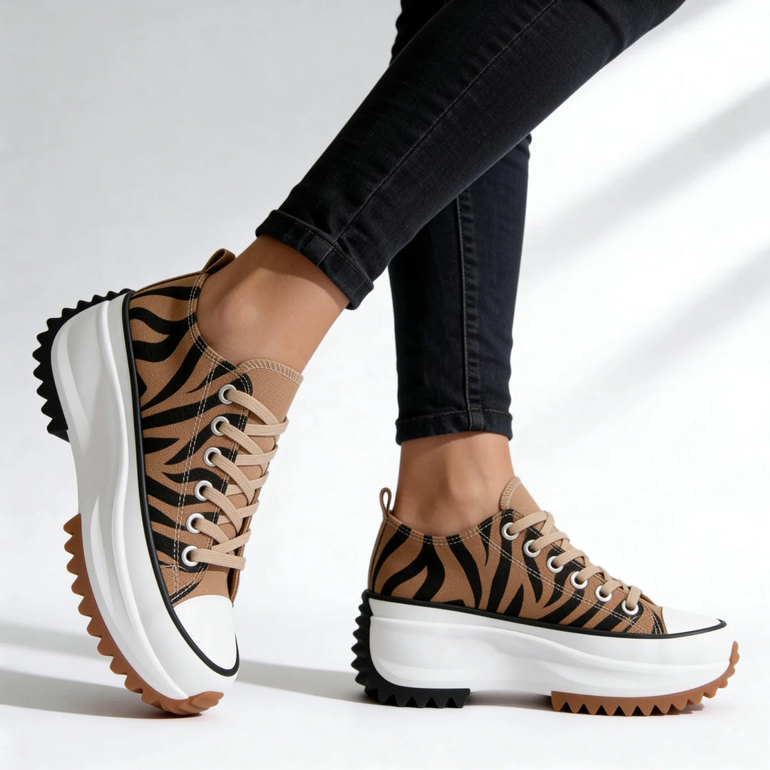 Tiger Women's Chunky Platform Sneakers — Violet Lace-Up Low-Top Casual - Walking Pose