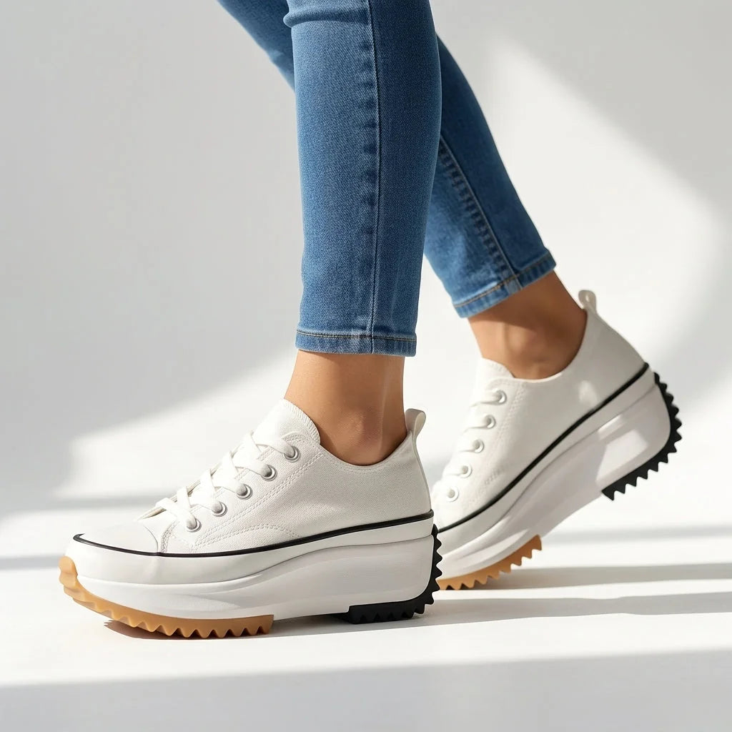 White Women's Chunky Platform Sneakers — Violet Lace-Up Low-Top Casual - Side Step Pose