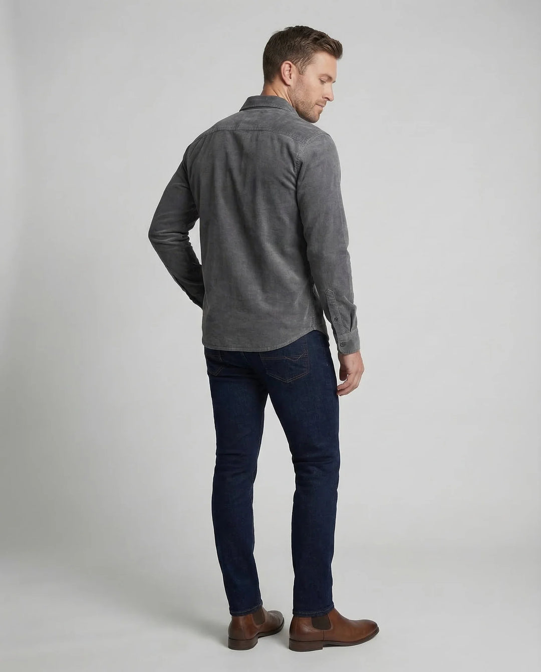 Gray Men's Corduroy Shirt with Chest Pockets - Back Full