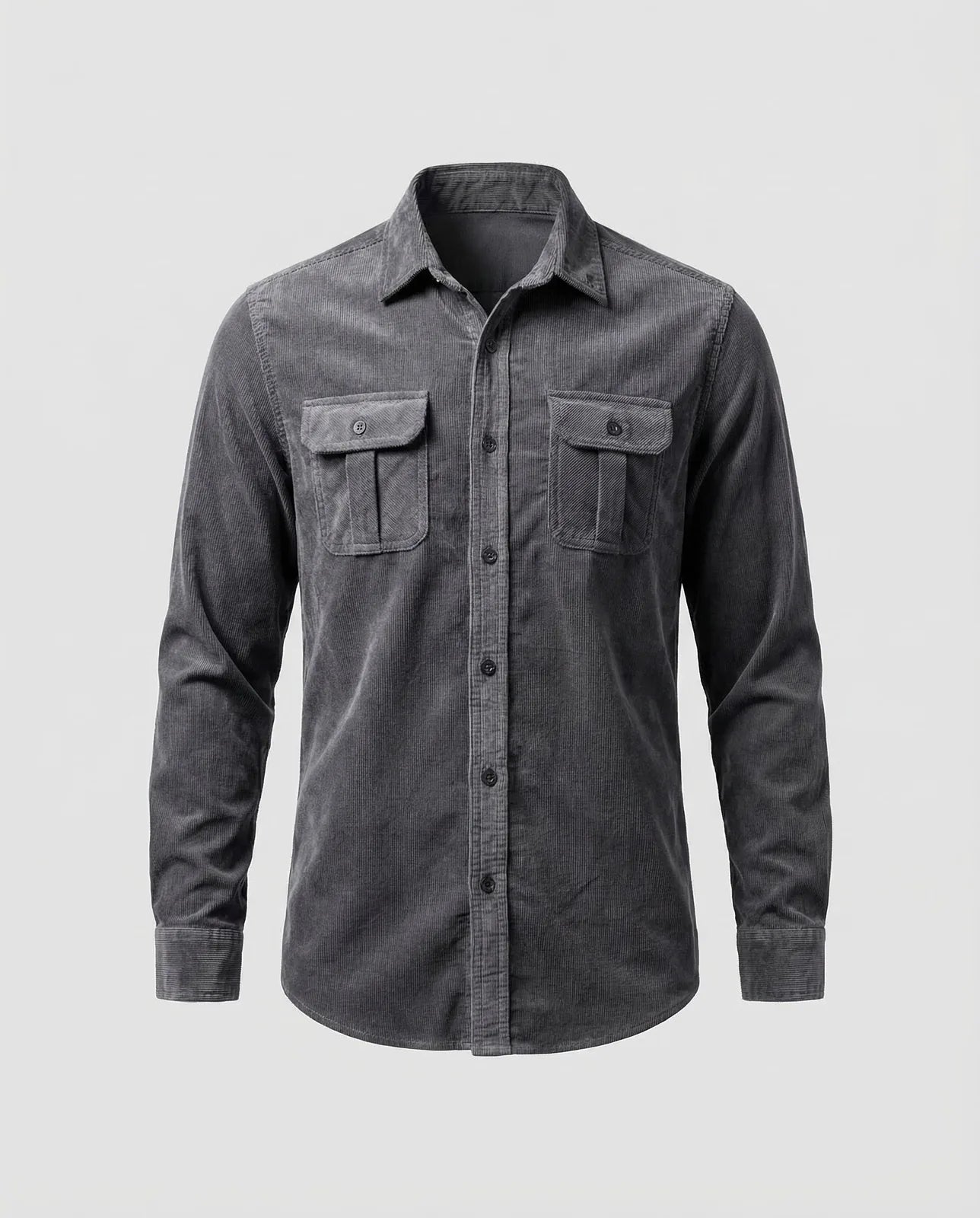 Gray Men's Corduroy Shirt with Chest Pockets - Flat Lay