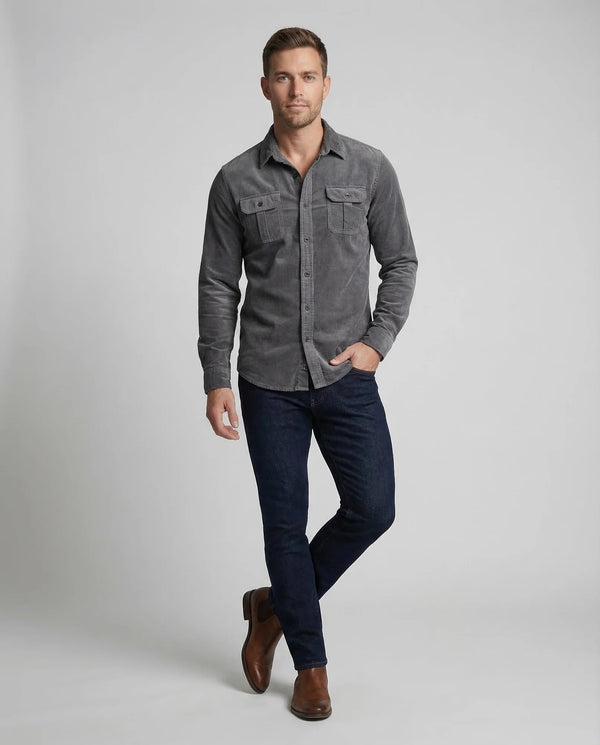 Gray Men's Corduroy Shirt with Chest Pockets - Front Full