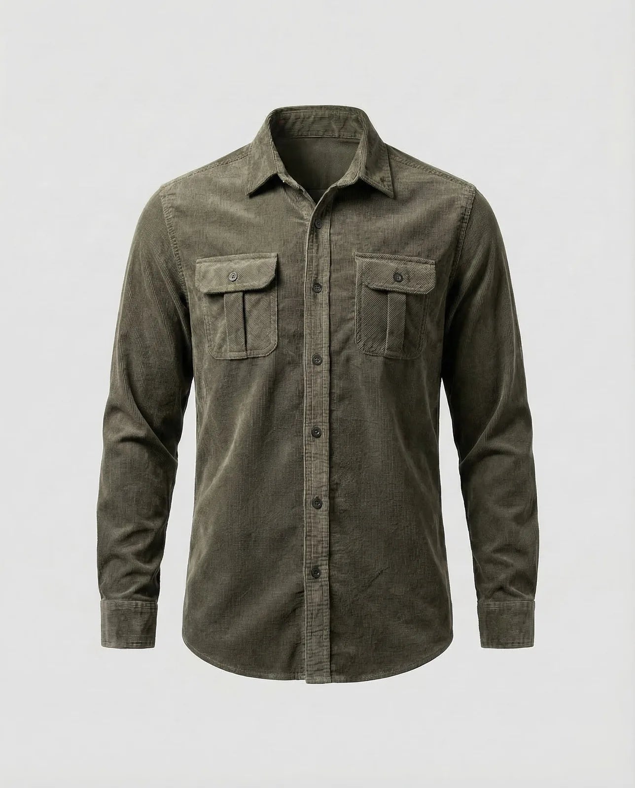 Olive Green Men's Corduroy Shirt with Chest Pockets - Variant
