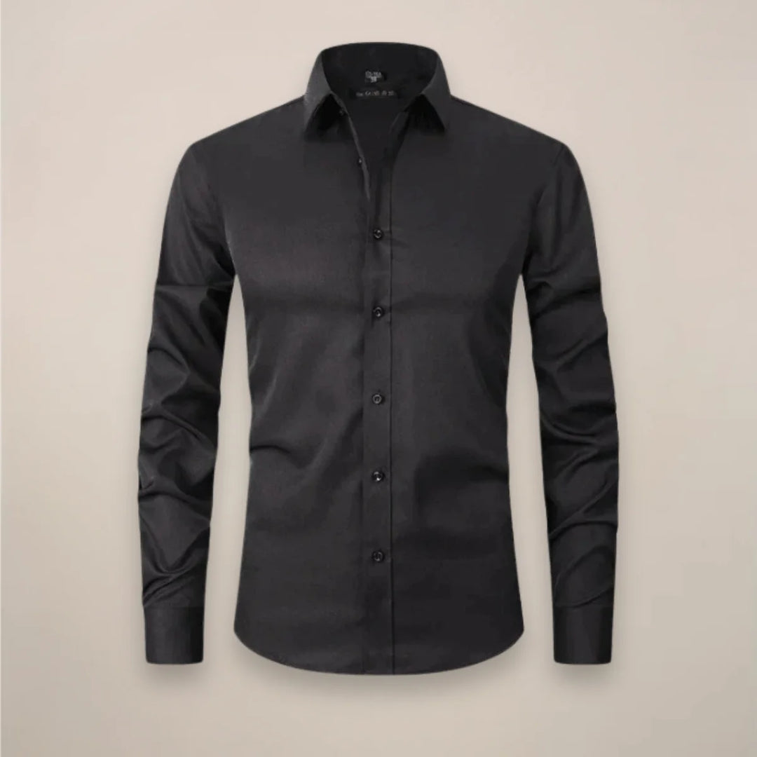 Black Men's Long Sleeve Shirt Classic Fit - Flat Lay Dark