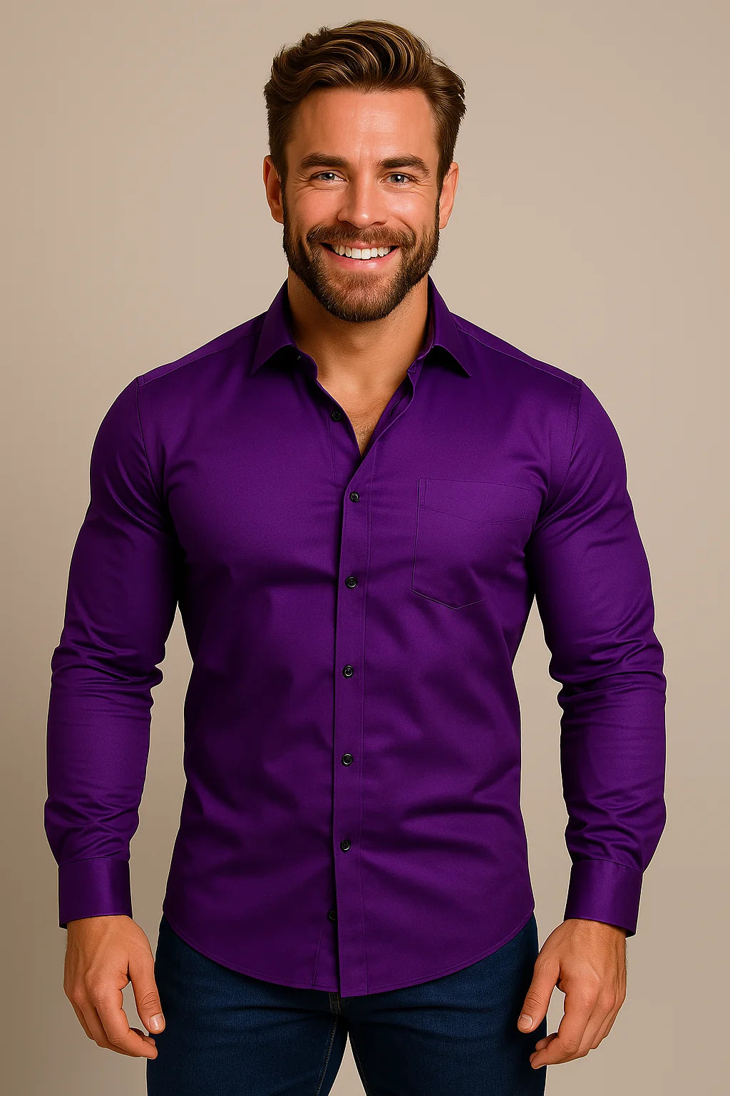 Purple Men's Long Sleeve Shirt Classic Fit - Front Casual