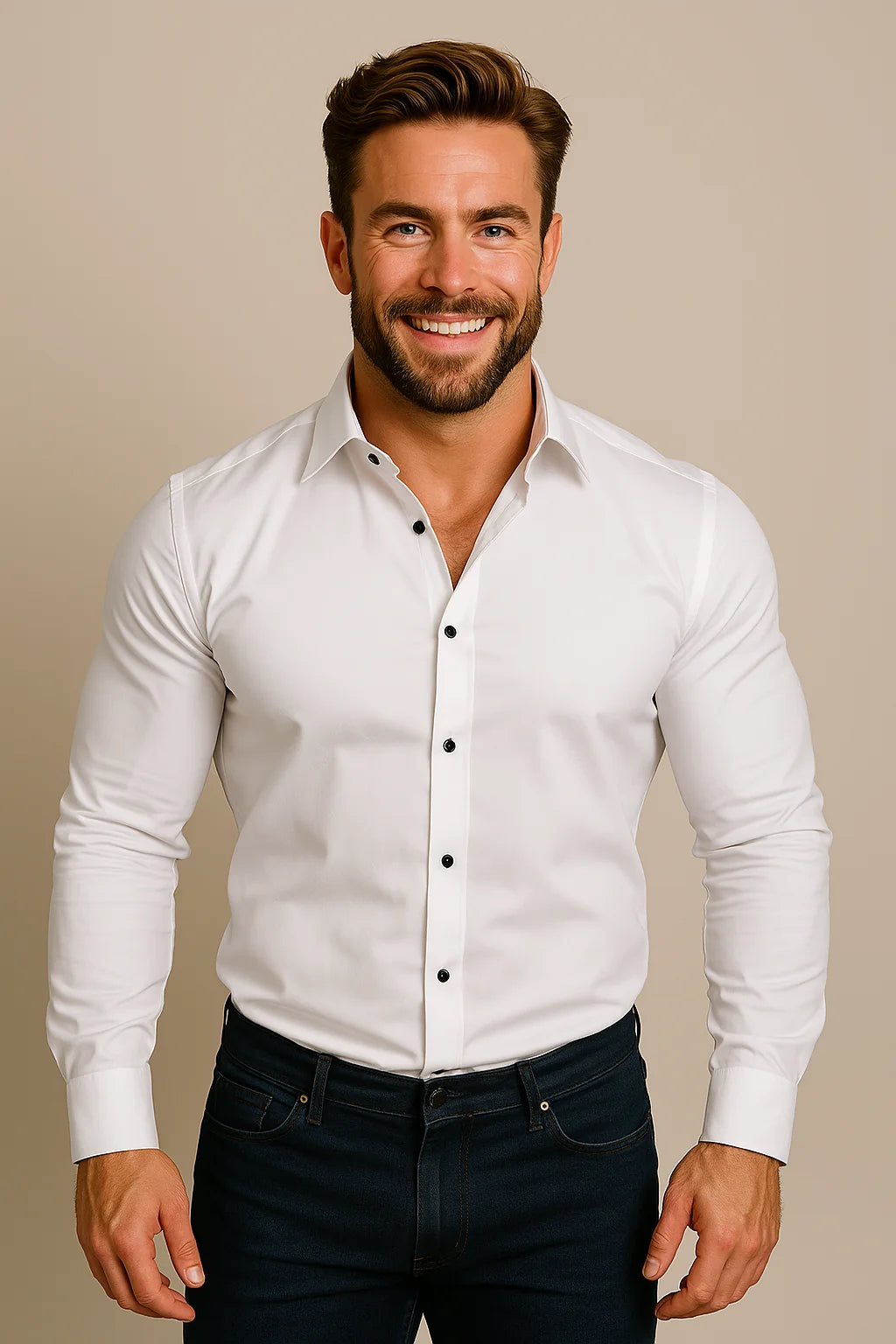 White Men's Long Sleeve Shirt Classic Fit - Studio Pose