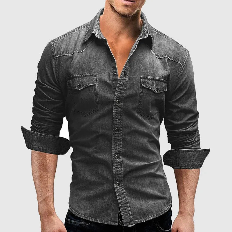Diana | Classic Western Style Long Sleeve Denim Shirt - Dark Gray - 6