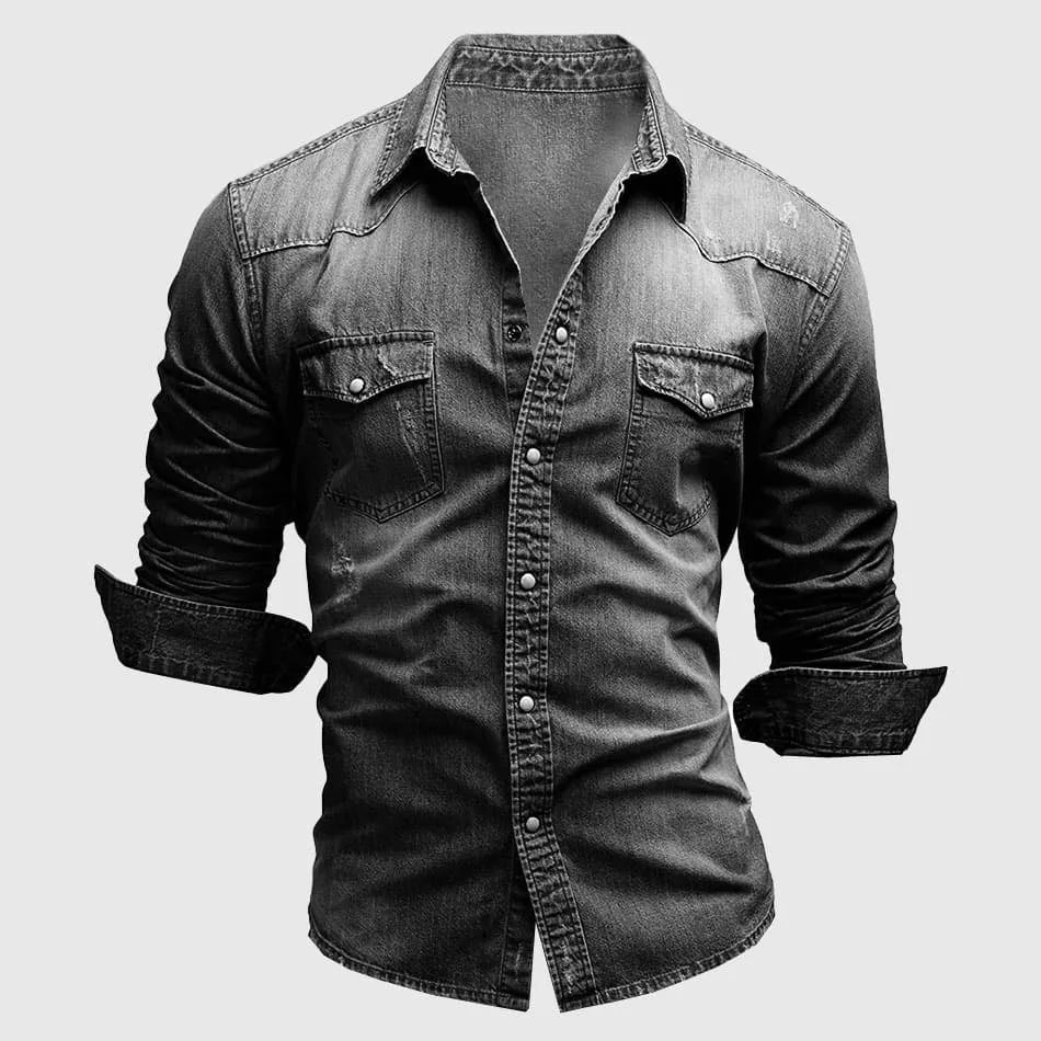 Diana | Classic Western Style Long Sleeve Denim Shirt - Dark Gray - 3