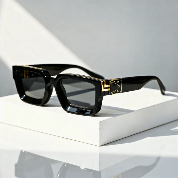 Midnight Women's Classy Black Rectangular Shades — Susie Gold Accent Retro - Front Angle