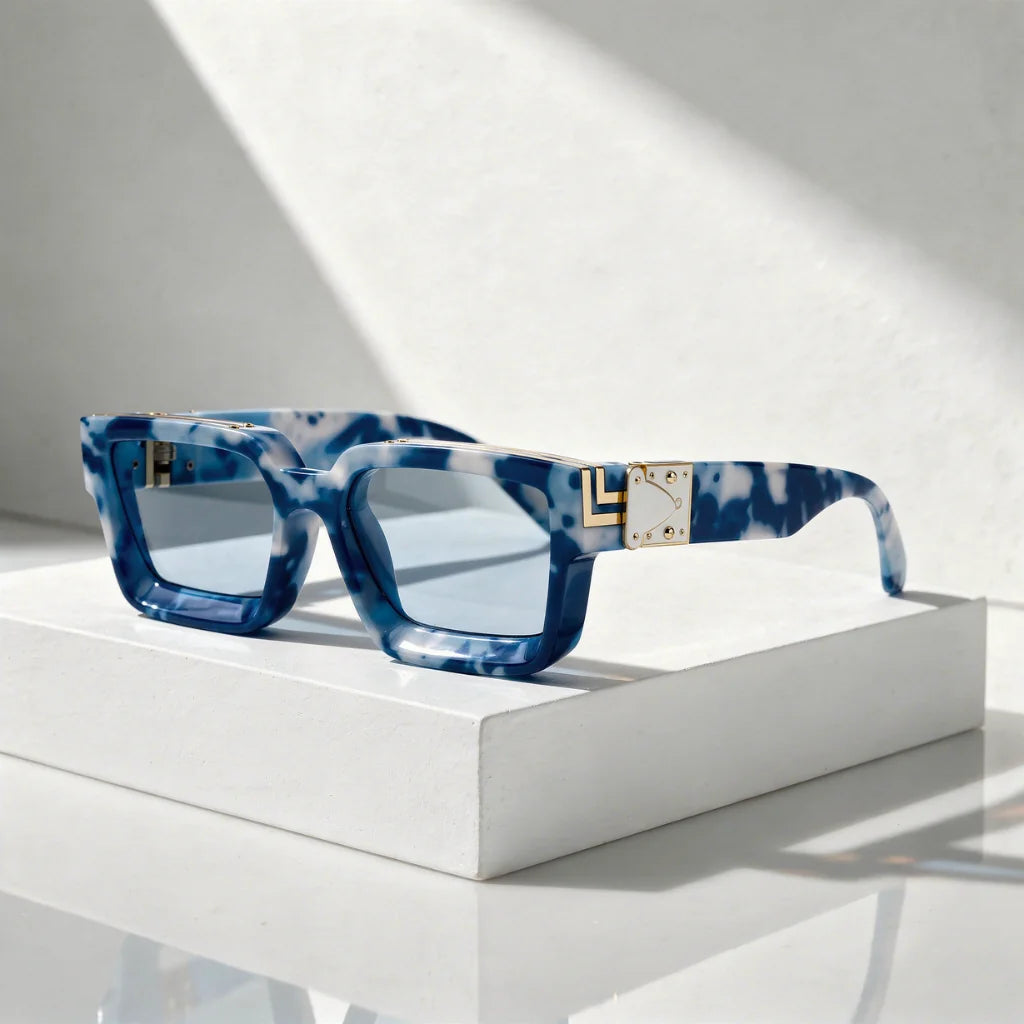 Porcelain Women's Classy Black Rectangular Shades — Susie Gold Accent Retro - Hinge Detail