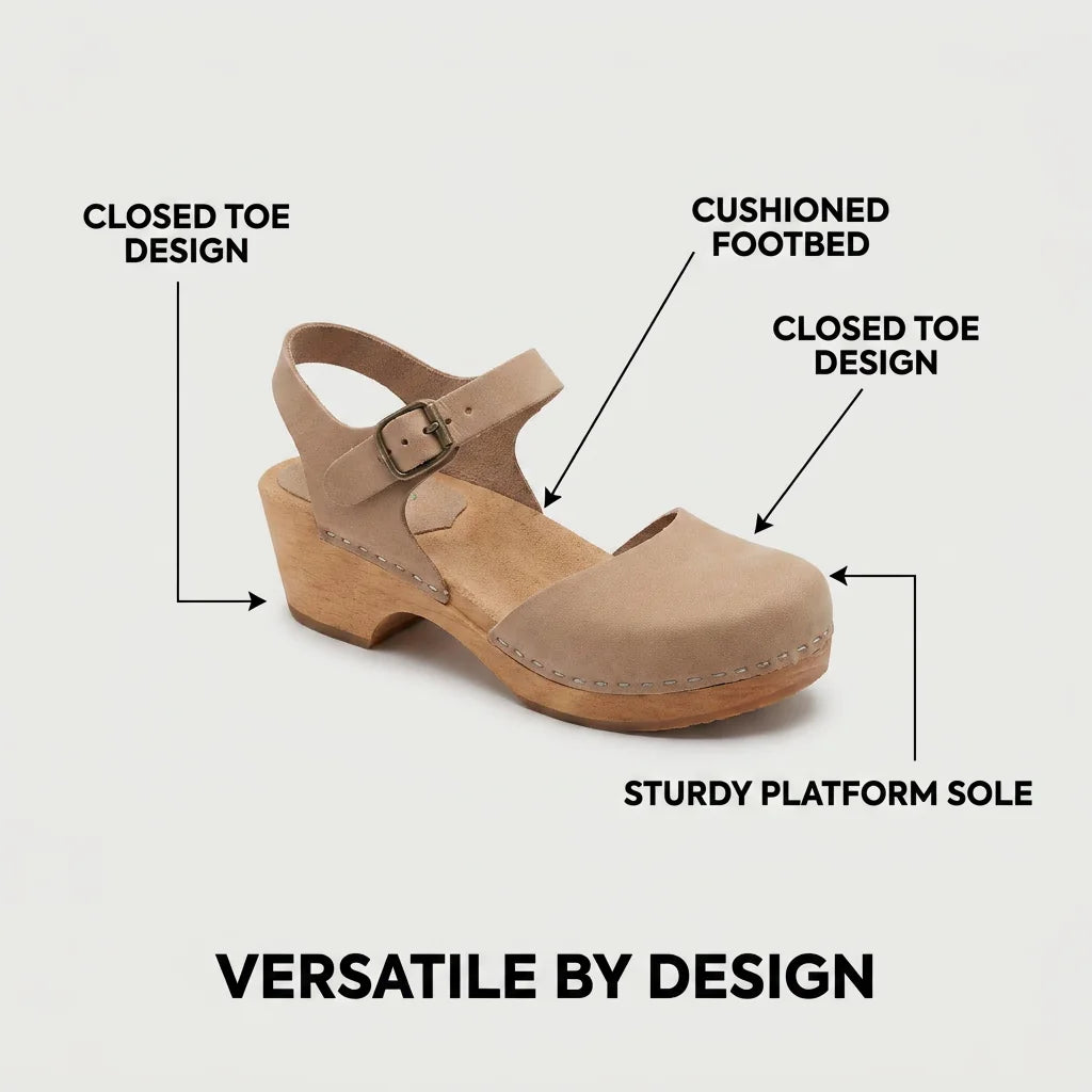 Beige Women's Closed Toe Platform Sandals — Bree Mary Buckle - Product Features