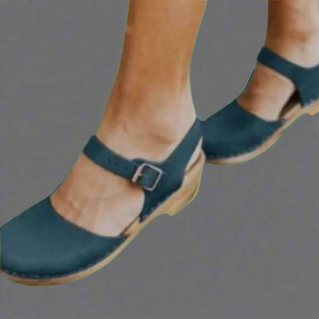 Blue Women's Closed Toe Platform Sandals — Bree Mary Buckle - Side Pose