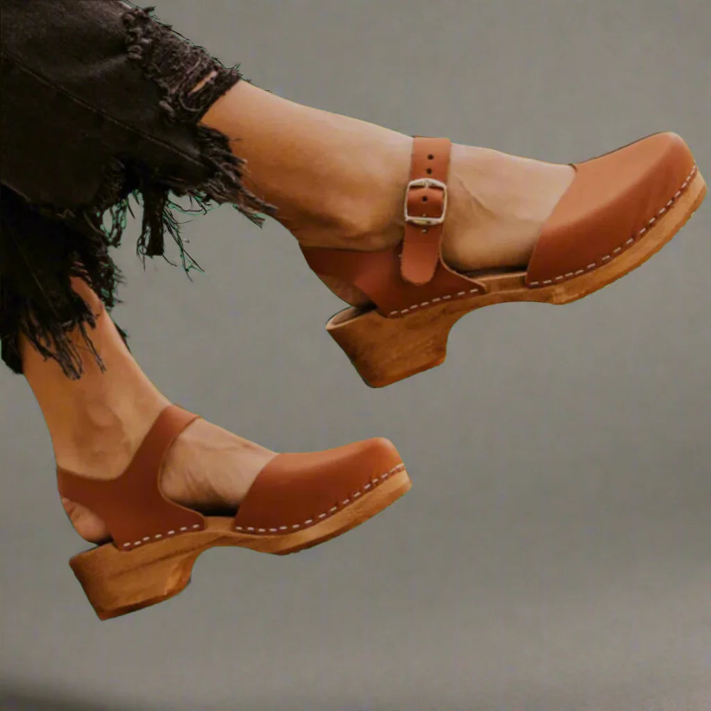Brown Women's Closed Toe Platform Sandals — Bree Mary Buckle - Front Full