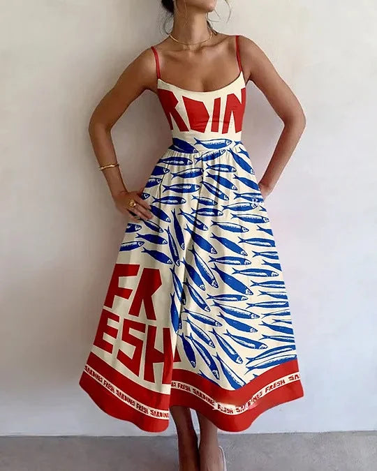 S Women's Sardine Print Midi Dress — Aimee Coastal Fit-and-Flare - Front Full