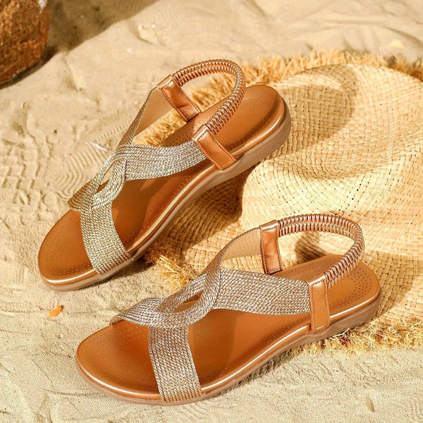 Matilda | Comfortable Elastic Strap Gold Sandals - Gold - 1