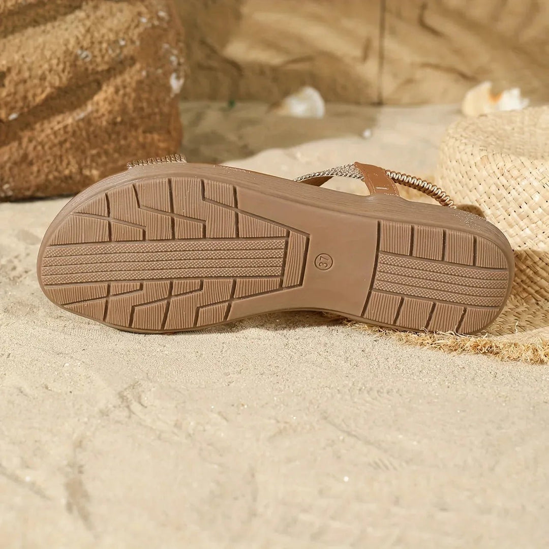 Matilda | Comfortable Elastic Strap Gold Sandals - Black - 6