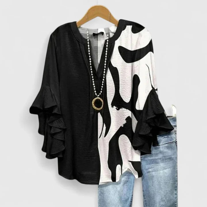 Black Women's Comfortable Blouse — Celia Flutter Sleeve Embroidered - Side Detail