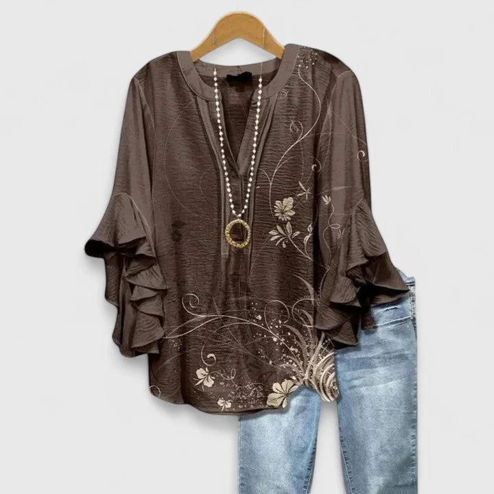 Brown Women's Comfortable Blouse — Celia Flutter Sleeve Embroidered - Lifestyle Wear