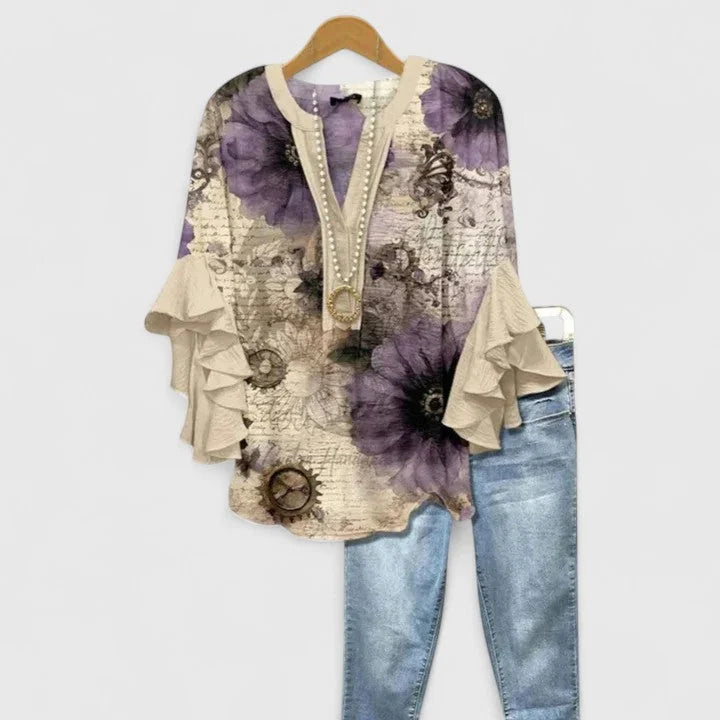 Dark Blue Women's Comfortable Blouse — Celia Flutter Sleeve Embroidered - Back Detail