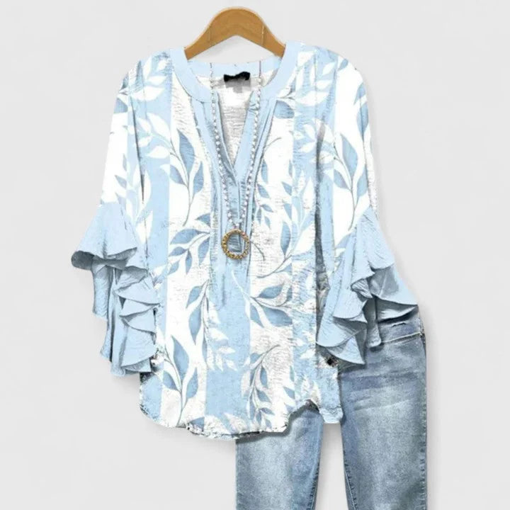 Floral Women's Comfortable Blouse — Celia Flutter Sleeve Embroidered - Blue Embroidered Pattern