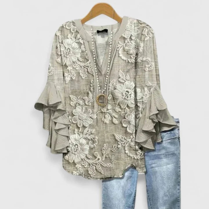 Light Blue Women's Comfortable Blouse — Celia Flutter Sleeve Embroidered - Studio Flat